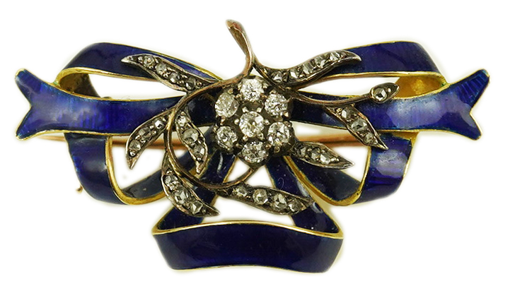 A Victorian gold, diamond cluster and blue enamel set ribbon bow brooch